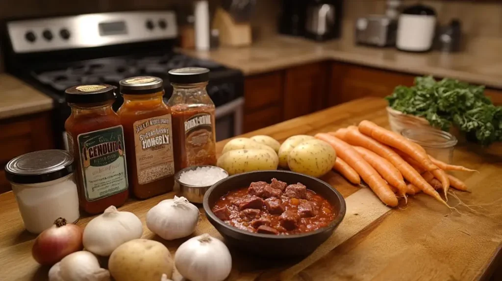 Fresh ingredients for Hawaiian Beef Stew displayed on a wooden kitchen counter.