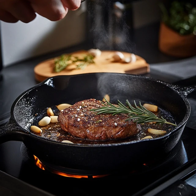 Denver steak searing in cast iron pan