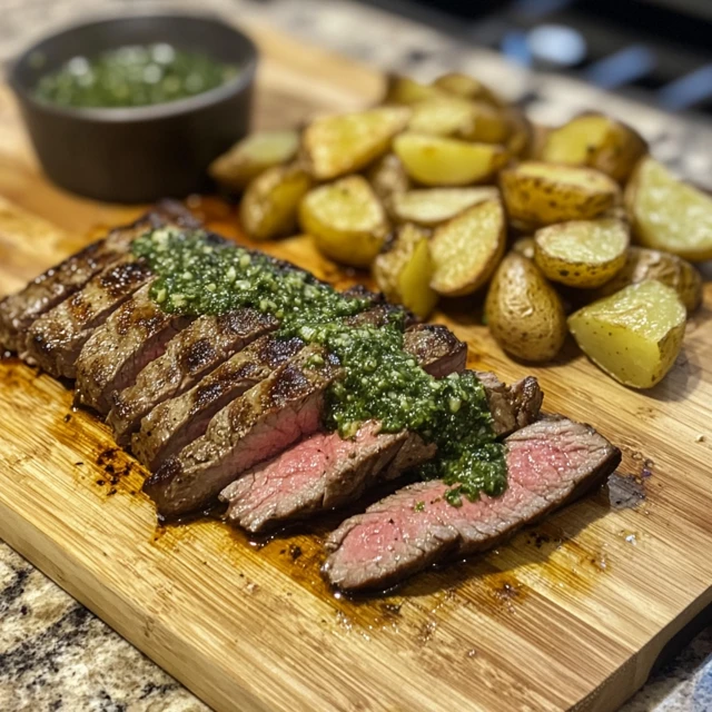 Grilled Denver steak with chimichurri and potatoes